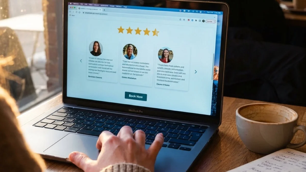 Five stars and a Book Now button — the moment trust turns into action