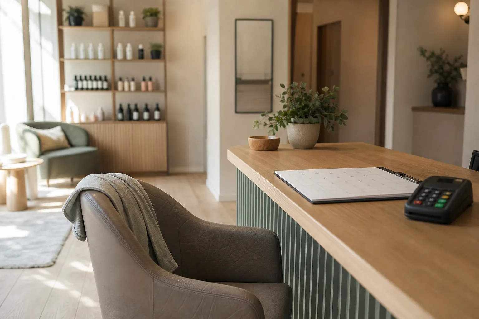 A quiet reception desk with a calendar and a card terminal ready for walk-ins — and an empty chair where a no-show should have been
