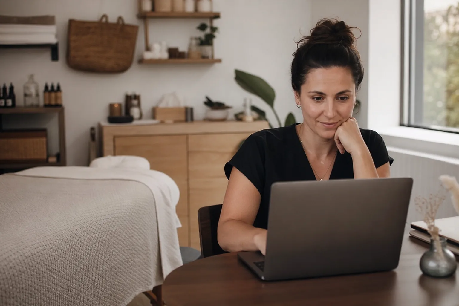 A service business owner reviewing the day’s booked appointments on a laptop beside a tidy treatment room