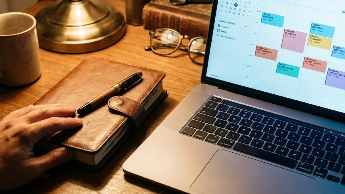 The leather notebook closes for the last time — the laptop takes it from here