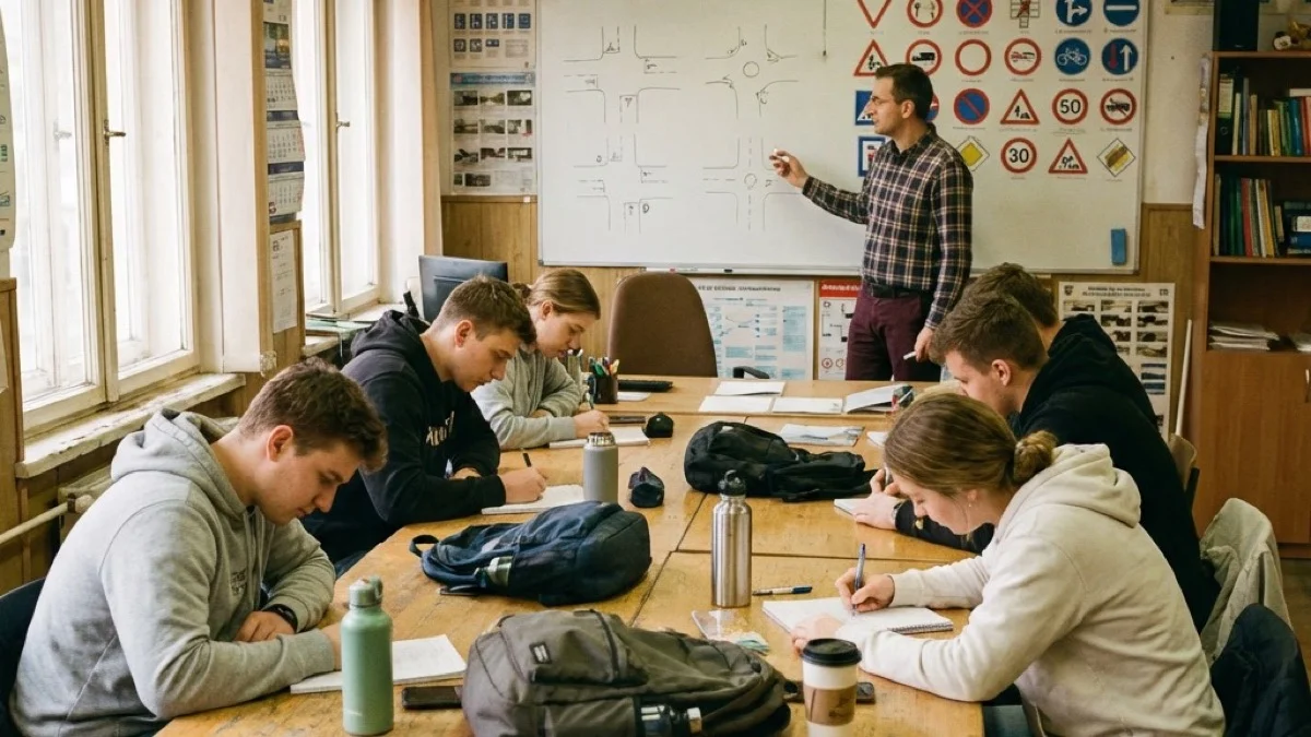 Whiteboard full of road signs, students taking it all in