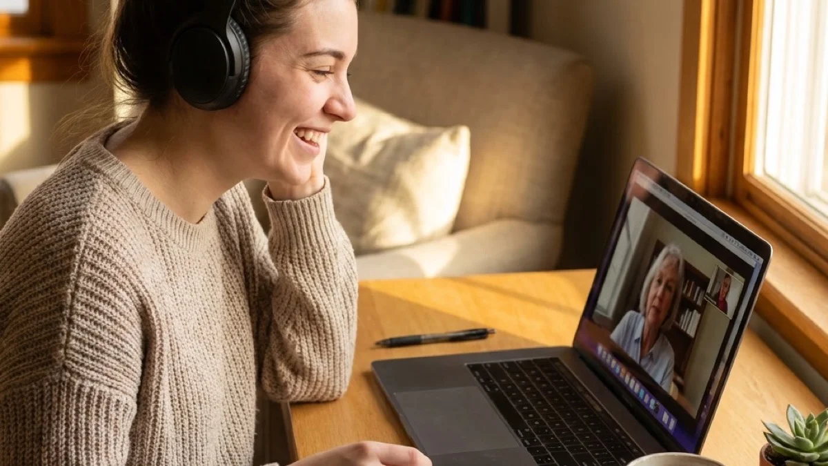 Headphones on, notebook open — a language lesson from the comfort of home