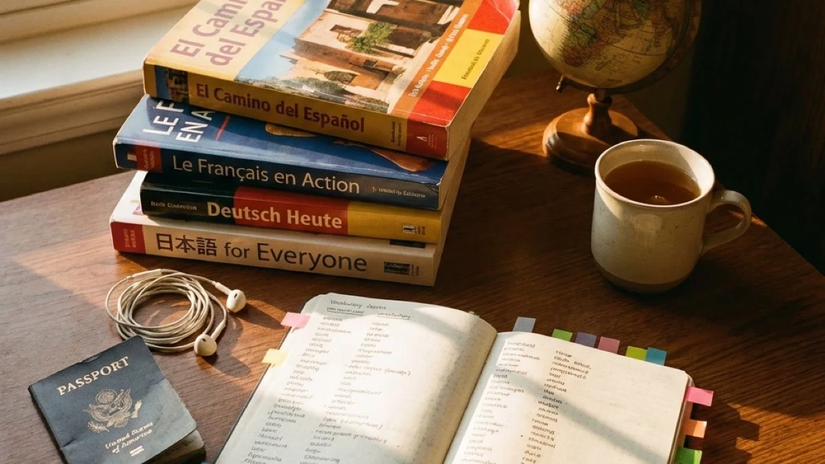 Textbooks, a passport, a globe — reaching across the world through language