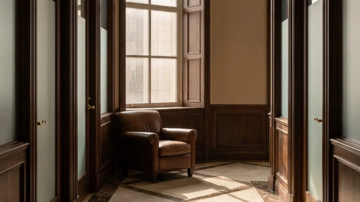 Frosted glass, walnut paneling — where discretion is built into the walls