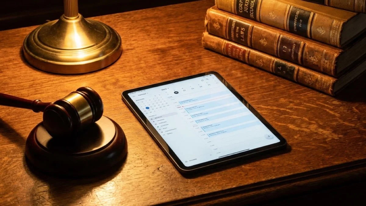 A gavel, leather-bound books, and a tablet — centuries of law, seconds to book