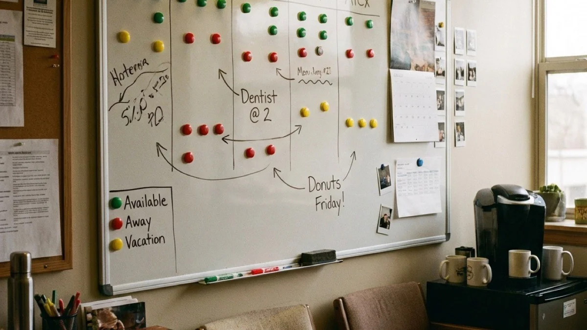 Green means here, red means away — the breakroom board tells the story