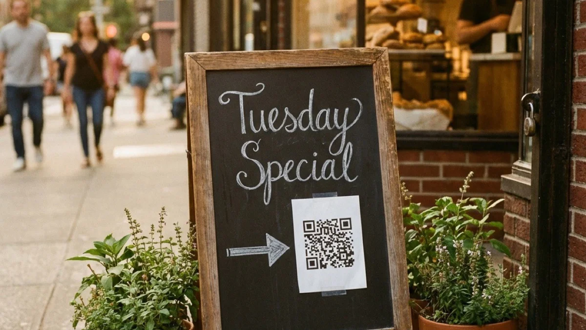 Tuesday Special on the chalkboard, QR code at the bottom — the sidewalk does the selling