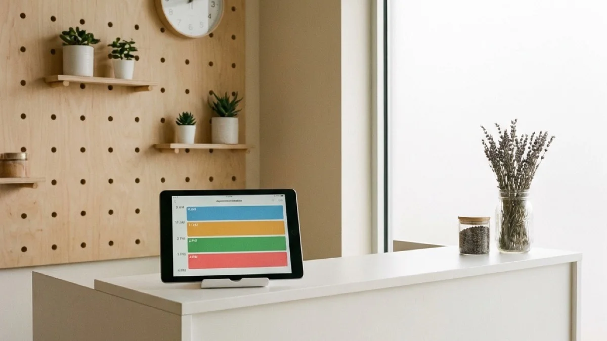 Lavender on the counter, schedule on the tablet, every slot accounted for