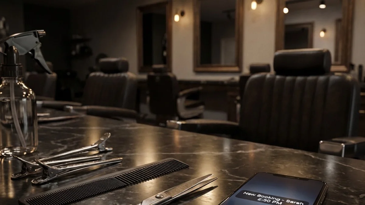 New Booking glows on the screen while the scissors wait — the chair fills itself