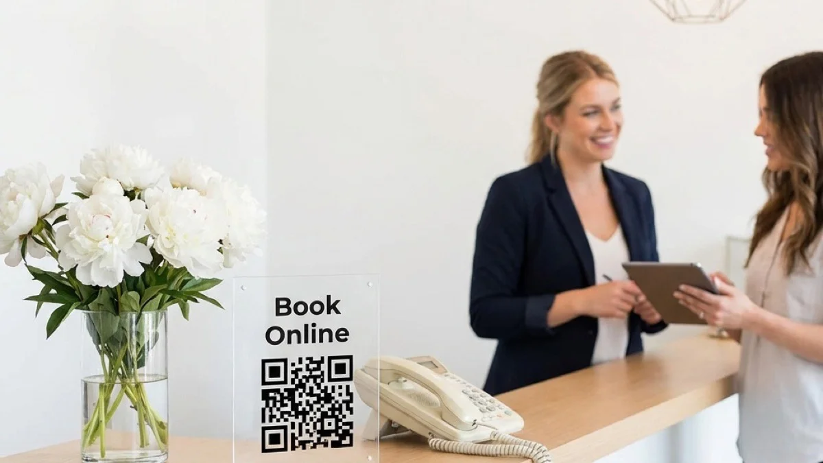 Peonies on the desk, QR code on the sign, phone gathering dust — the new front desk
