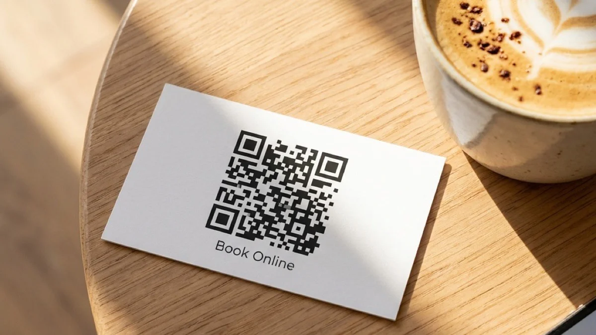 Business card on a café table, QR code catching the morning light — old-school networking meets one-tap booking