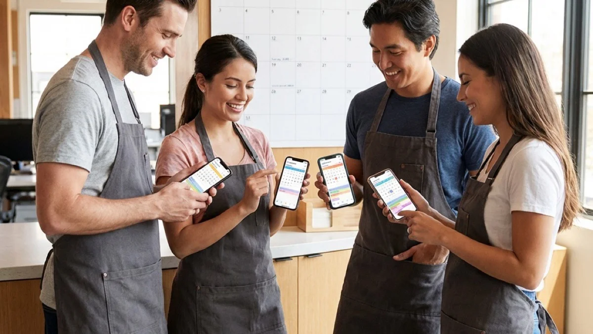 Four aprons, four phones, four schedules — nobody asks "am I working tomorrow?" anymore