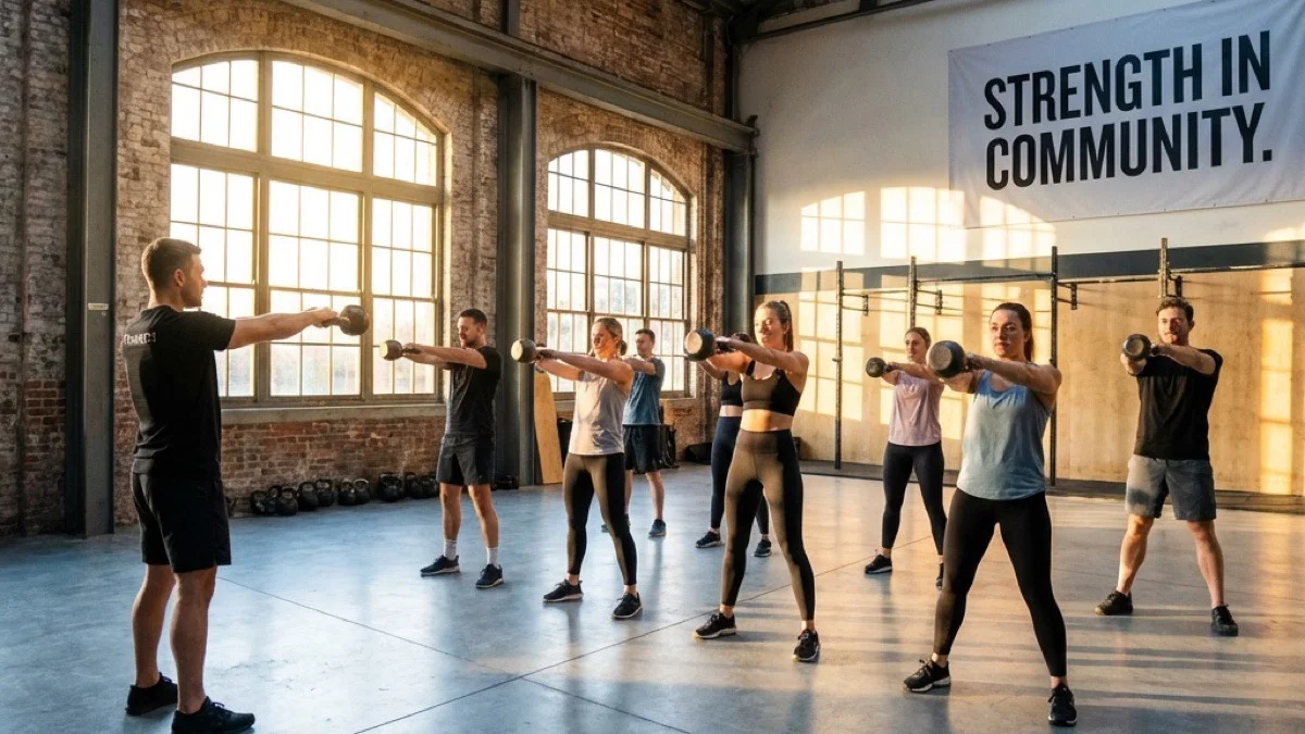 Kettlebells in sync, morning light flooding in — the energy of a group that shows up