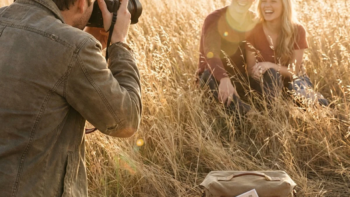 Lens flare, tall grass, a couple laughing — this is what clients are actually booking