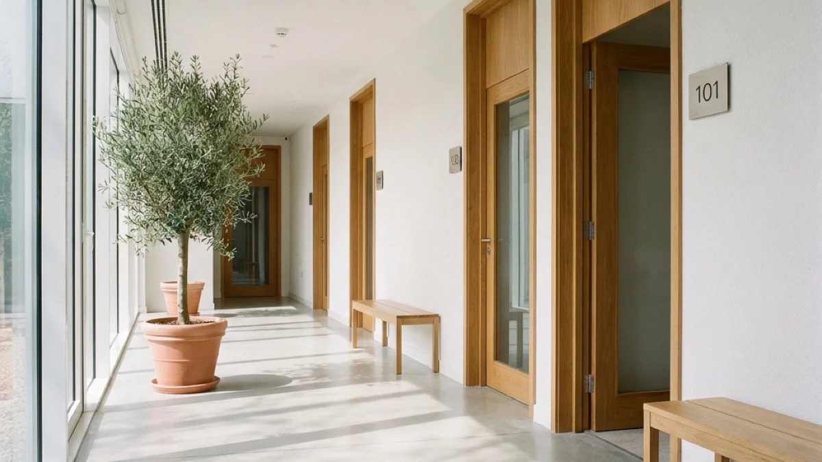 Sunlight, silence, numbered doors — premium care starts in the corridor