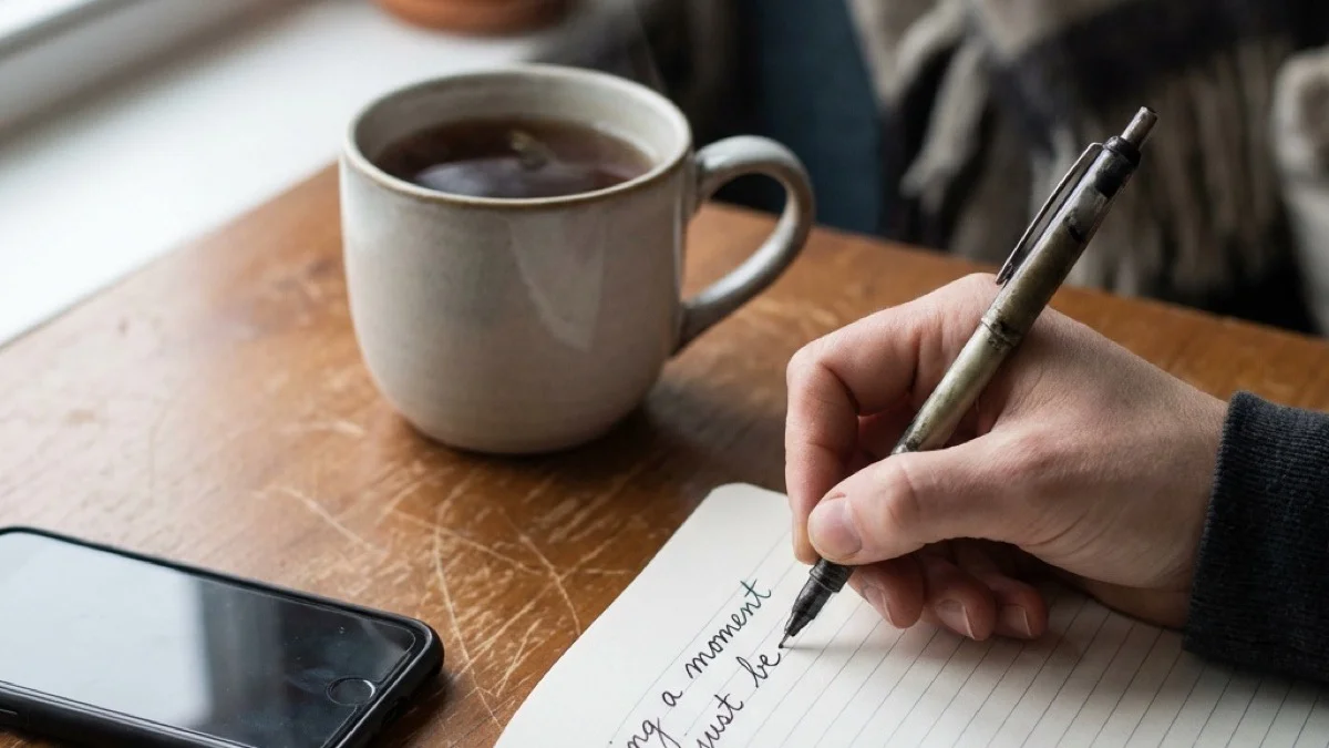 Pen on paper, tea steaming, phone face-down — taking time to think before the session