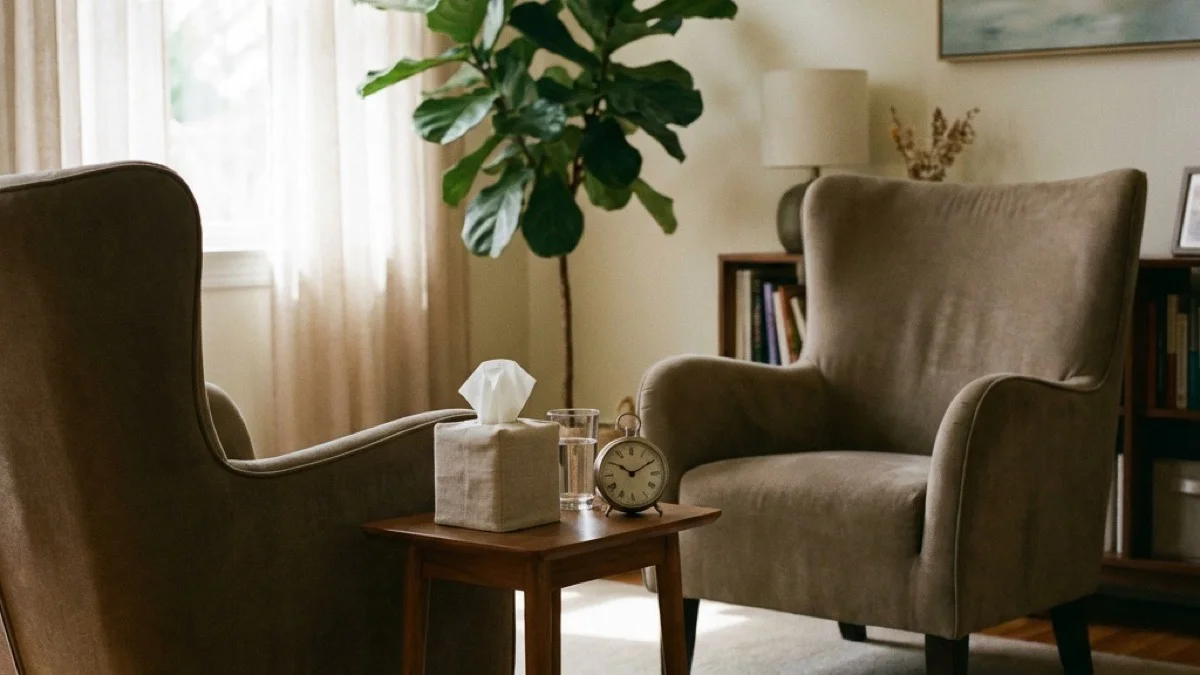 Two chairs, a tissue box, a glass of water — the room is ready, the conversation hasn't started yet