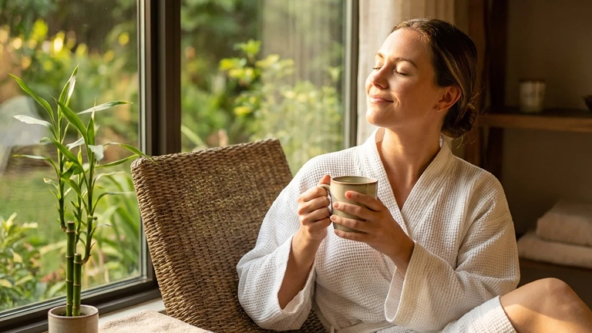 White robe, herbal tea, afternoon light — the glow of a perfect spa day