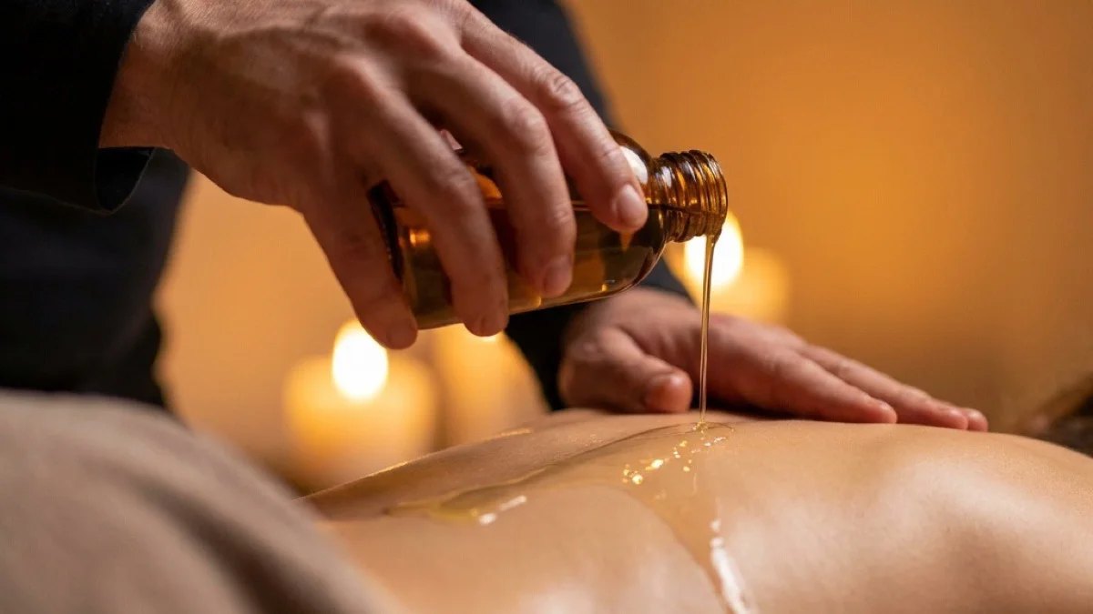 Warm oil catching the light as it flows — the art of therapeutic touch