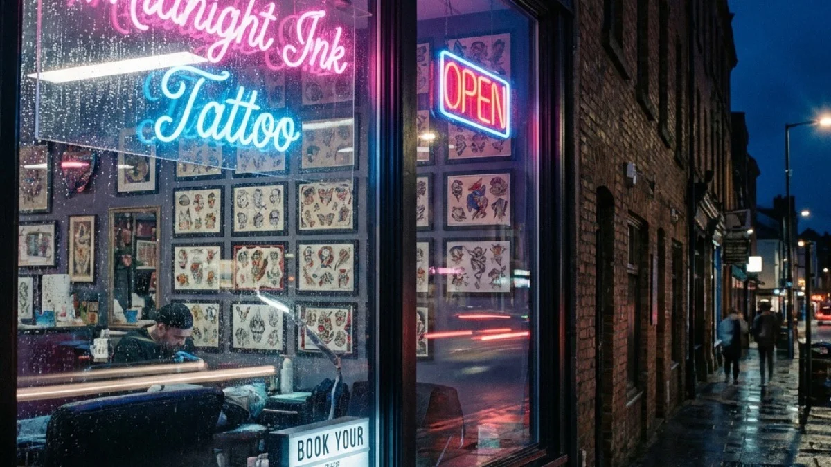 Neon script, flash art on the wall, QR code in the window — the storefront that books after midnight