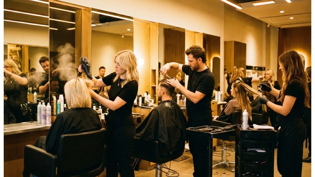Every chair full, every stylist busy — a fully booked day in motion