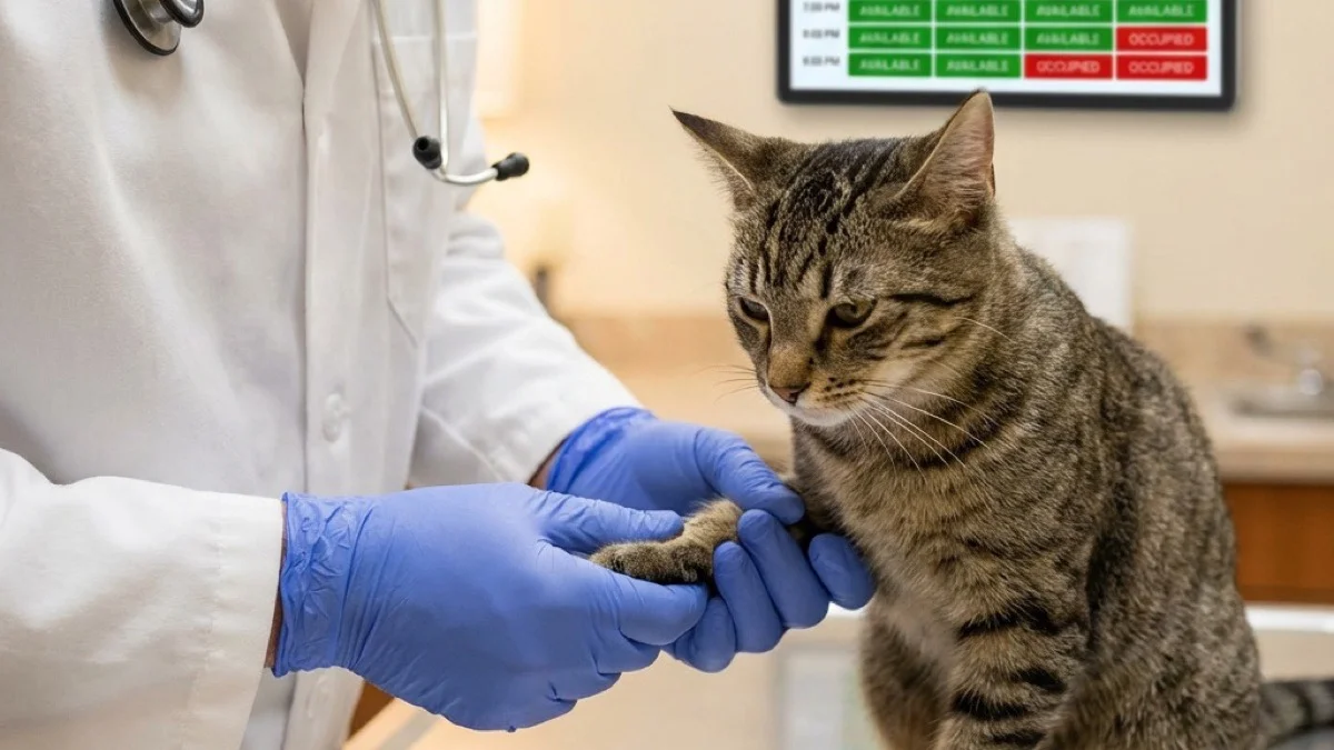 Gentle hands, a calm tabby, and the schedule running smoothly on the wall behind