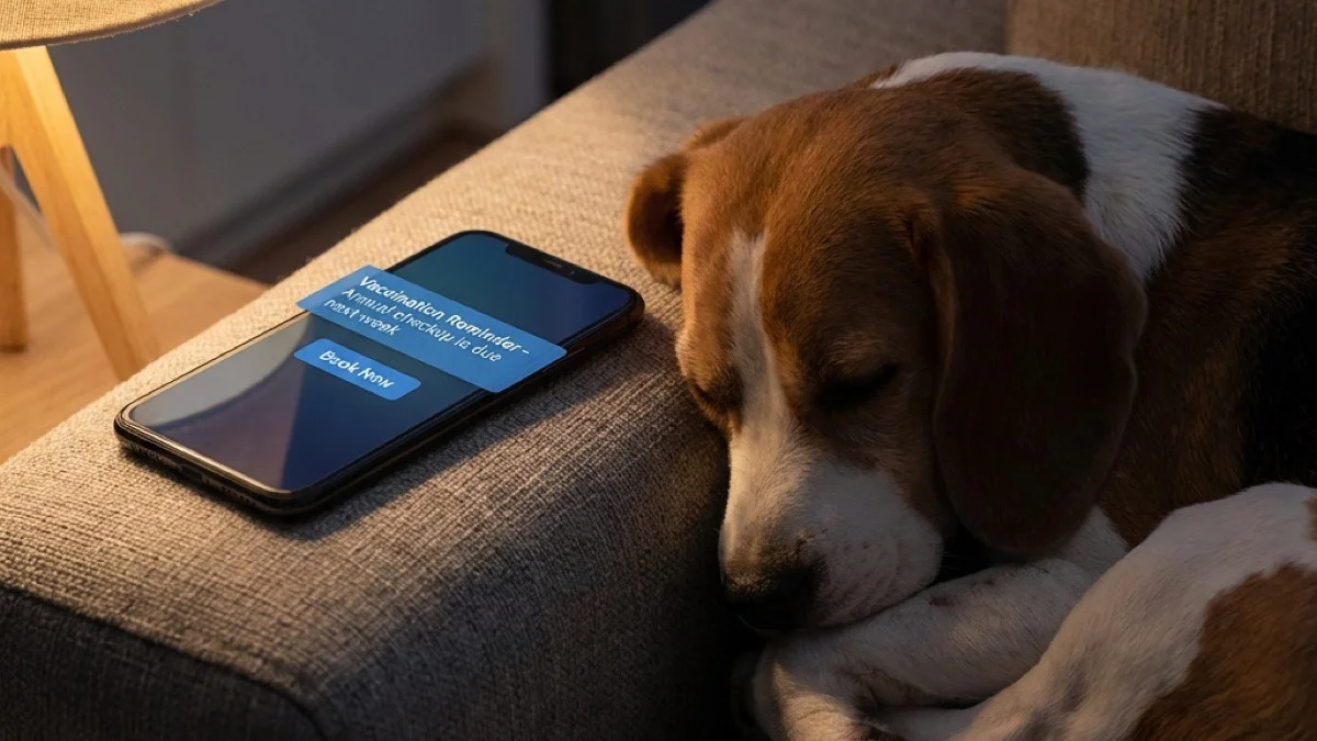 Vaccination reminder on the phone, beagle asleep on the couch — the nudge that keeps pets healthy
