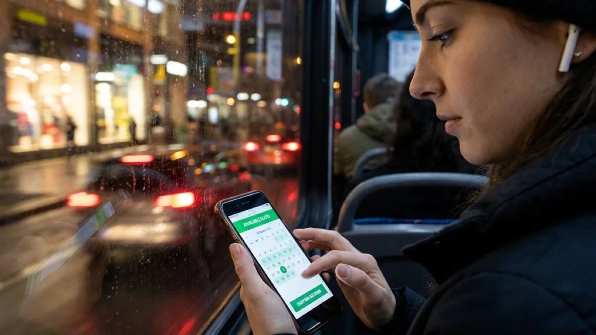 City lights streaking past, earbuds in, appointment confirmed — booking happens wherever life takes you